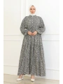 Papatya Desenli Viskon Elbise - Gri