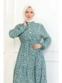 Papatya Desenli Viskon Elbise - Su Yeşili