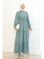 Papatya Desenli Viskon Elbise - Su Yeşili