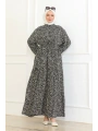 Papatya Desenli Viskon Elbise - Siyah
