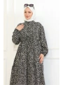 Papatya Desenli Viskon Elbise - Siyah