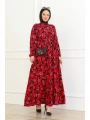 Çiçek Desenli Bağlamalı Viskon Elbise - Kırmızı