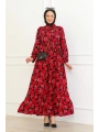 Çiçek Desenli Bağlamalı Viskon Elbise - Kırmızı