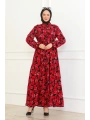 Çiçek Desenli Bağlamalı Viskon Elbise - Kırmızı