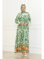 Desenli Etek Uçları Renkli Viskon Elbise - Yeşil