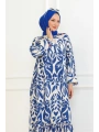 Desenli Etek Uçları Renkli Viskon Elbise - Mavi