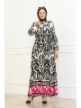 Desenli Etek Uçları Renkli Viskon Elbise - Siyah/Pembe