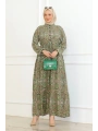 Otantik Desen Viskon Elbise - Yeşil