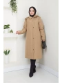 İçi Kürklü Kapüşonlu Kaban/Mont - Bej