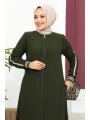 Ribanalı Bilek Şerit Detaylı Tesettür Ferace - Haki / F0122