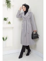 Kadın Polar Kaşe Uzun Kaban / M0107 - Gri