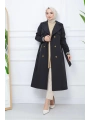 Bondit Kumaş Ribanalı Uzun Boy Trençkot / Siyah - M0110