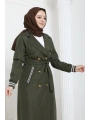 Bondit Kumaş Ribanalı Uzun Boy Trençkot / Haki - M0110