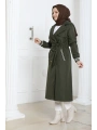 Bondit Kumaş Ribanalı Uzun Boy Trençkot / Haki - M0110