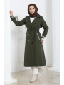Bondit Kumaş Ribanalı Uzun Boy Trençkot / Haki - M0110