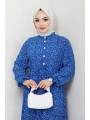 Düğme Detaylı Çiçekli Viskon Elbise - Mavi / E0123