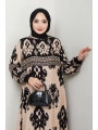 Renkli Desenli Viskon Elbise - Siyah Bej/ E0122