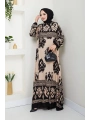 Renkli Desenli Viskon Elbise - Siyah Bej/ E0122