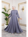 Yaka Ve Bel Nakış Detaylı Ferace - Gri / F0143