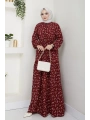 Yaprak Desenli Bağlamalı Viskon Elbise - Bordo / E0125