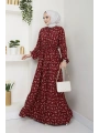 Yaprak Desenli Bağlamalı Viskon Elbise - Bordo / E0125