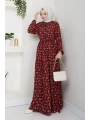Yaprak Desenli Bağlamalı Viskon Elbise - Bordo / E0125