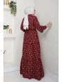 Yaprak Desenli Bağlamalı Viskon Elbise - Bordo / E0125