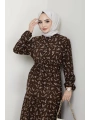 Yaprak Desenli Bağlamalı Viskon Elbise - Kahverengi / E0125
