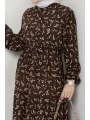 Yaprak Desenli Bağlamalı Viskon Elbise - Kahverengi / E0125