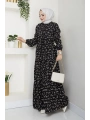 Yaprak Desenli Bağlamalı Viskon Elbise - Siyah / E0125