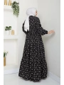 Yaprak Desenli Bağlamalı Viskon Elbise - Siyah / E0125