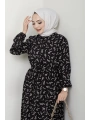 Yaprak Desenli Bağlamalı Viskon Elbise - Siyah / E0125