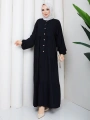 Yarım Düğmeli Viskon Kat Katlı Salaş Elbise - Siyah / E0134