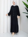 Yarım Düğmeli Viskon Kat Katlı Salaş Elbise - Siyah / E0134