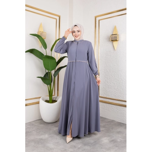 Yaka Ve Bel Nakış Detaylı Ferace - Gri / F0143