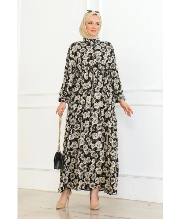 Düğme Detaylı Çiçekli Viskon Elbise - Siyah