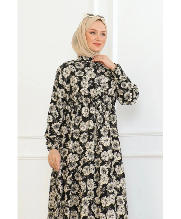 Düğme Detaylı Çiçekli Viskon Elbise - Siyah