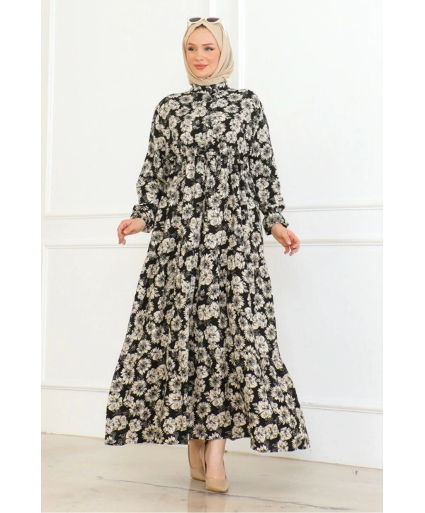 Düğme Detaylı Çiçekli Viskon Elbise - Siyah