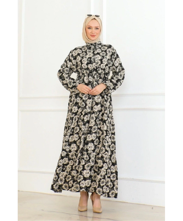 Düğme Detaylı Çiçekli Viskon Elbise - Siyah