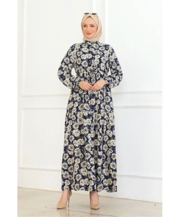 Düğme Detaylı Çiçekli Viskon Elbise - Lacivert