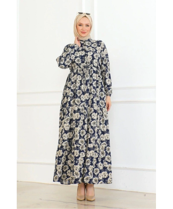 Düğme Detaylı Çiçekli Viskon Elbise - Lacivert