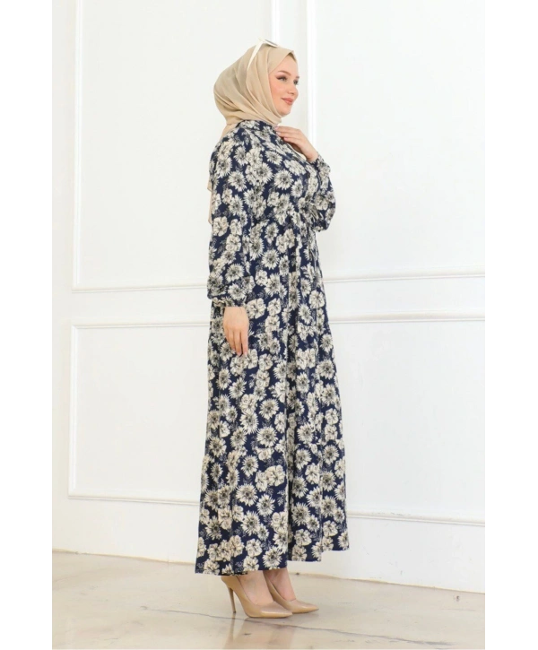 Düğme Detaylı Çiçekli Viskon Elbise - Lacivert