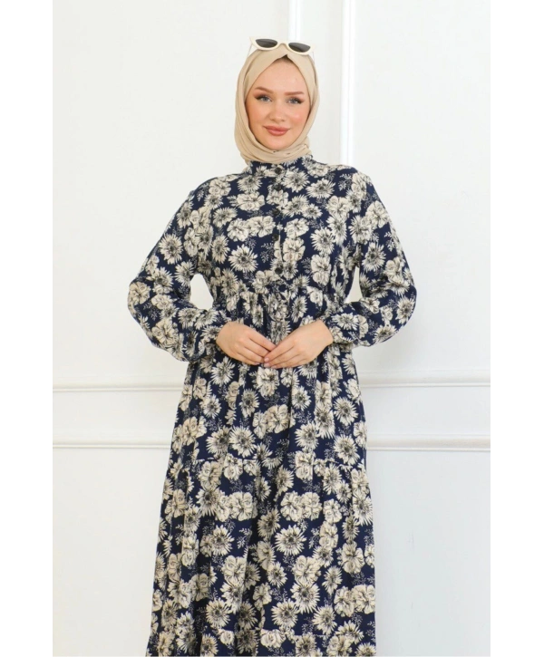 Düğme Detaylı Çiçekli Viskon Elbise - Lacivert
