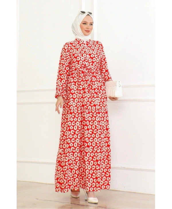 Çiçek Desenli Önü Bağlamalı Elbise / Kırmızı