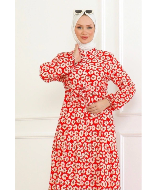 Çiçek Desenli Önü Bağlamalı Elbise / Kırmızı