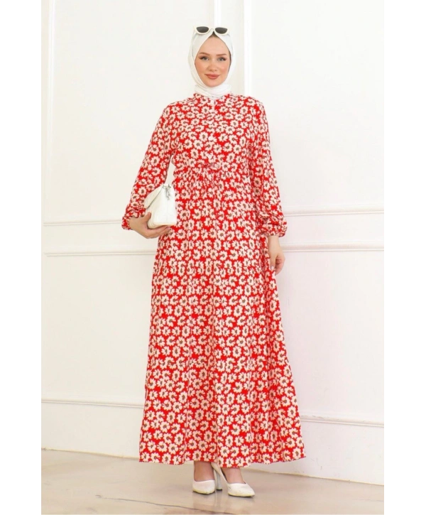 Çiçek Desenli Önü Bağlamalı Elbise / Kırmızı