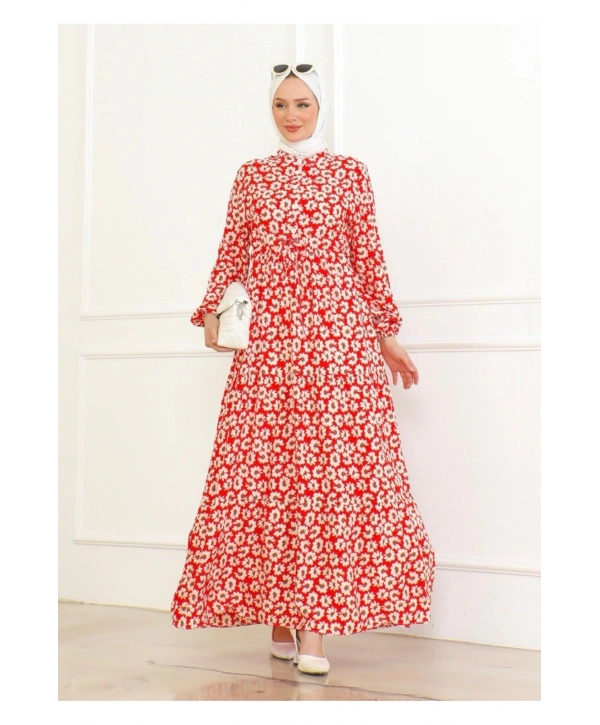 Çiçek Desenli Önü Bağlamalı Elbise / Kırmızı