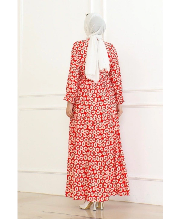 Çiçek Desenli Önü Bağlamalı Elbise / Kırmızı
