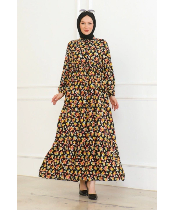 Çiçek Desenli Bağlamalı Viskon Kumaş Elbise - Sarı