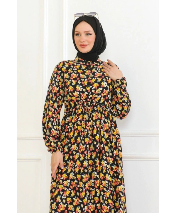 Çiçek Desenli Bağlamalı Viskon Kumaş Elbise - Sarı